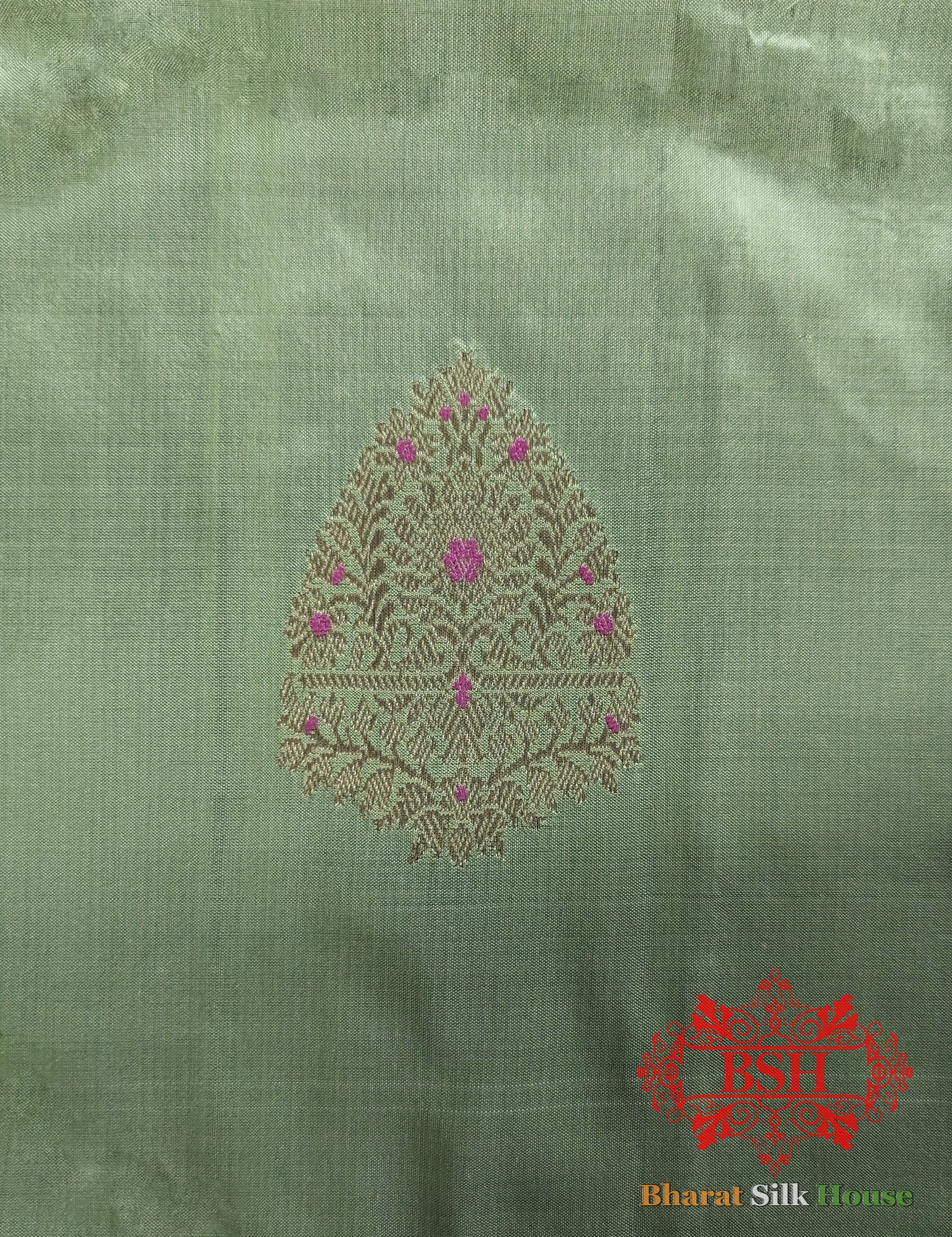 Pure Banarasi Handloom Katan Silk Meenakari Antique Zari Saree In Shades Of Pastel Green - Bharat Silk House