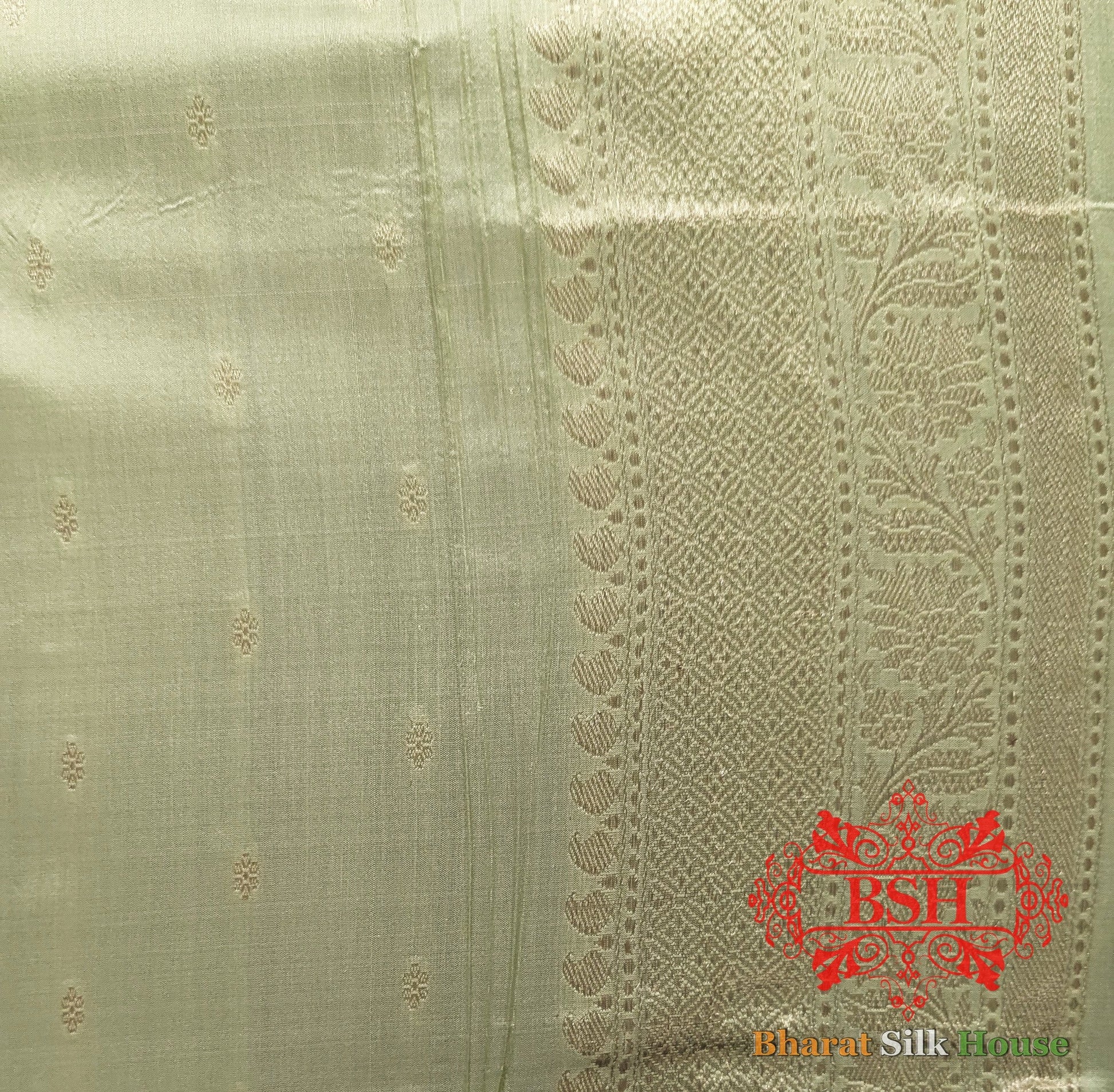 Pure Banarasi Handloom Katan Silk Meenakari Antique Zari Saree In Shades Of Pastel Green - Bharat Silk House