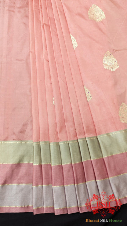 Pure Banarasi Handloom Katan Silk Meenakari Antique Zari Saree In Shades Of Peach - Bharat Silk House