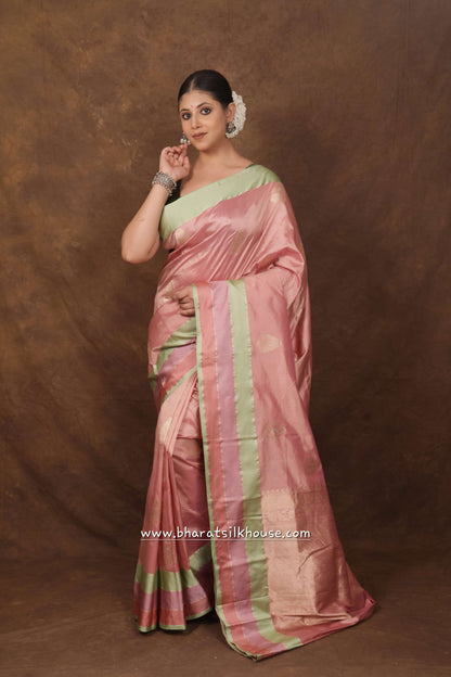 Pure Banarasi Handloom Katan Silk Meenakari Antique Zari Saree In Shades Of Pink - Bharat Silk House