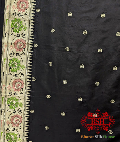 Pure Banarasi Handloom Katan Silk Meenakari Antique Zari Saree In Shades Of Rama - Bharat Silk House