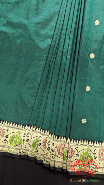 Pure Banarasi Handloom Katan Silk Meenakari Antique Zari Saree In Shades Of Rama - Bharat Silk House