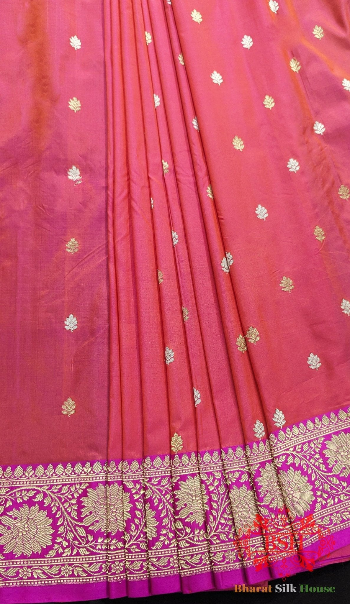 Pure Banarasi Handloom Katan Silk Meenakari Antique Zari Saree In Shades Of Rani - Bharat Silk House