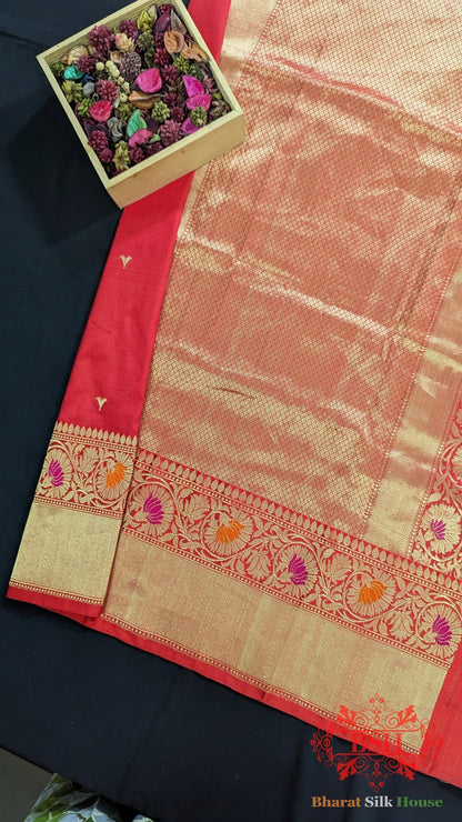 Pure Banarasi Handloom Katan Silk Meenakari Antique Zari Saree In Shades Of Red - Bharat Silk House