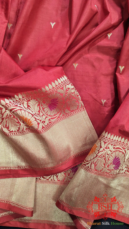 Pure Banarasi Handloom Katan Silk Meenakari Antique Zari Saree In Shades Of Red - Bharat Silk House