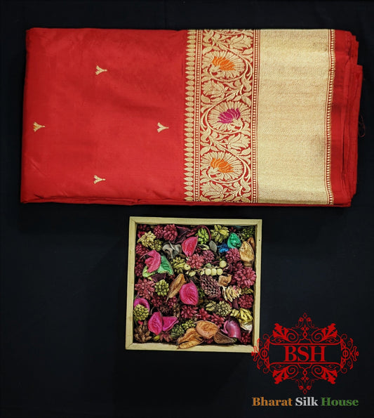 Pure Banarasi Handloom Katan Silk Meenakari Antique Zari Saree In Shades Of Red - Bharat Silk House