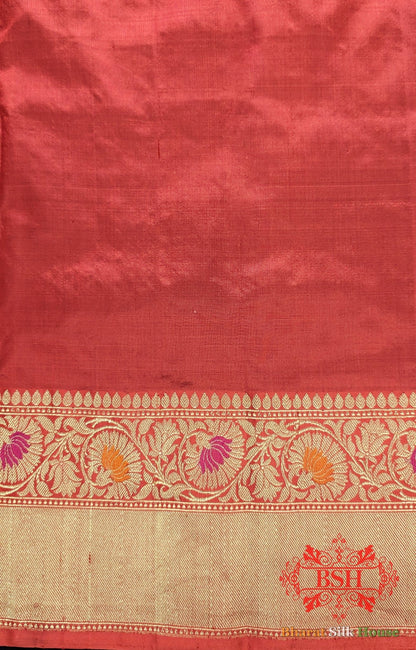 Pure Banarasi Handloom Katan Silk Meenakari Antique Zari Saree In Shades Of Red - Bharat Silk House