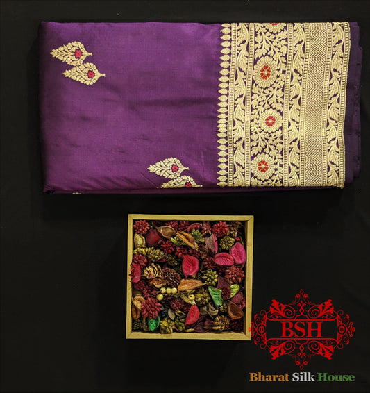 Pure Banarasi Handloom Katan Silk Meenakari Antique Zari Saree In Shades Of Violet - Bharat Silk House