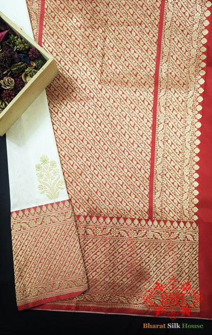 Pure Banarasi Handloom Katan Silk Meenakari Antique Zari Saree In Shades Of White - Bharat Silk House