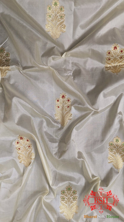 Pure Banarasi Handloom Katan Silk Meenakari Antique Zari Saree In Shades Of White - Bharat Silk House