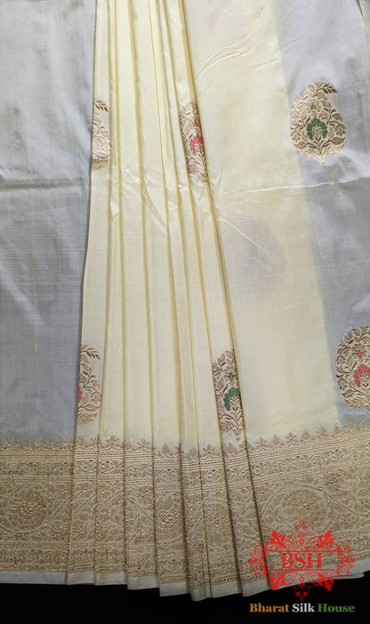 Pure Banarasi Handloom Katan Silk Meenakari Antique Zari Saree In Shades Of White - Bharat Silk House