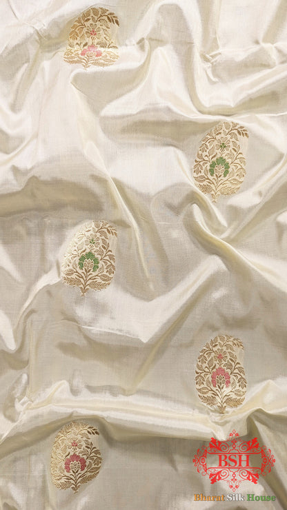 Pure Banarasi Handloom Katan Silk Meenakari Antique Zari Saree In Shades Of White - Bharat Silk House