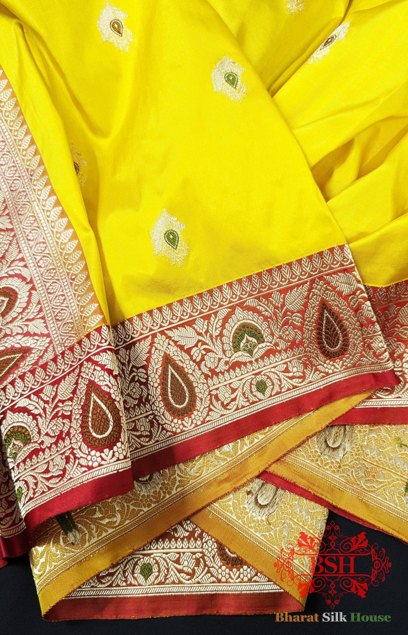 Pure Banarasi Handloom Katan Silk Meenakari Antique Zari Saree In Shades Of Yellow - Bharat Silk House