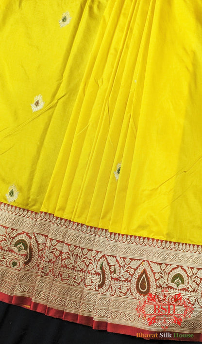 Pure Banarasi Handloom Katan Silk Meenakari Antique Zari Saree In Shades Of Yellow - Bharat Silk House