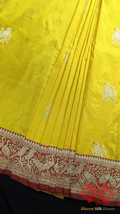 Pure Banarasi Handloom Katan Silk Meenakari Antique Zari Saree In Shades Of Yellow - Bharat Silk House