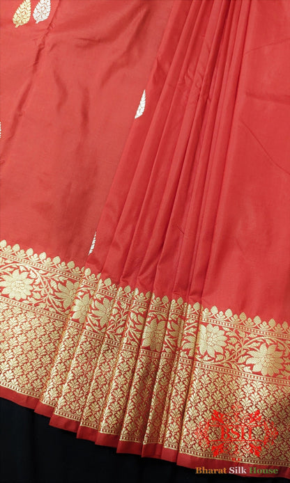 Pure Banarasi Handloom Katan Silk Meenkari Antique Zari Saree In Shades Of Red - Bharat Silk House