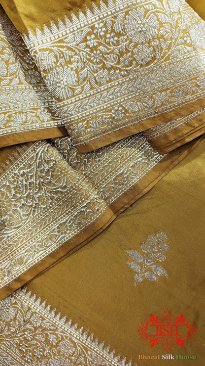 Pure Banarasi Handloom Katan Silk Saree Antique Zari In Shades Of Yellow - Bharat Silk House