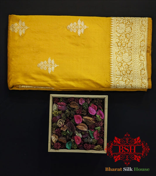 Pure Banarasi Handloom Katan Silk Saree Antique Zari In Shades Of Yellow - Bharat Silk House