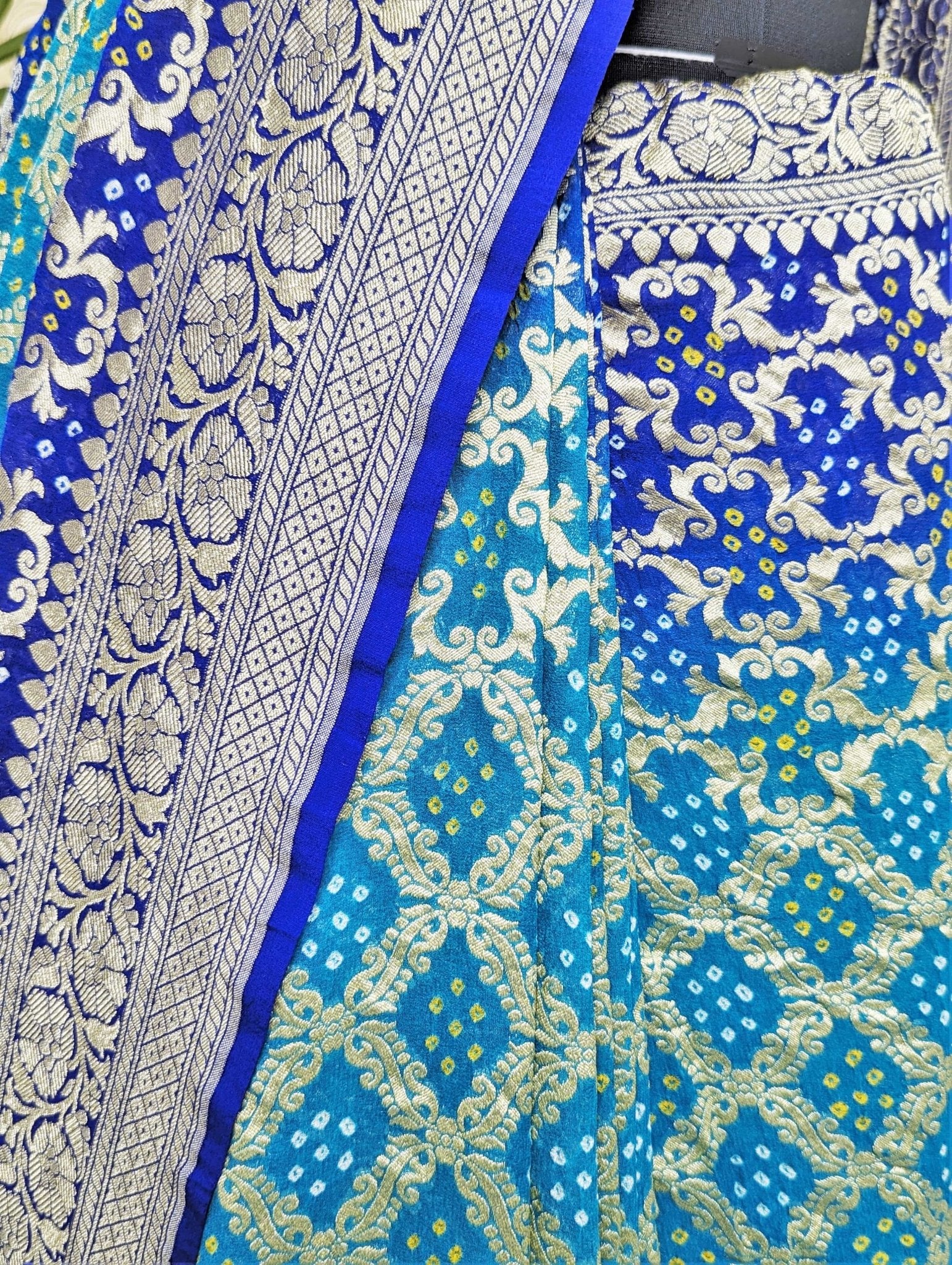 Pure Banarasi Khaddi Georgette Bandhej Saree In Shades Of Rama Royal Blue - Bharat Silk House