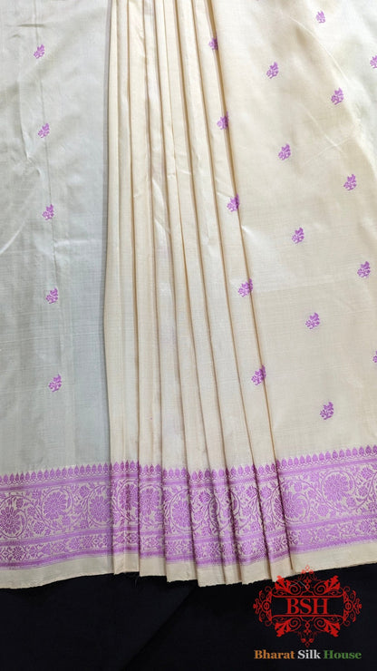 Pure Banrasi Handloom Katan Silk Antique Zari Saree In Shades Of Beige With Lavender Border - Bharat Silk House