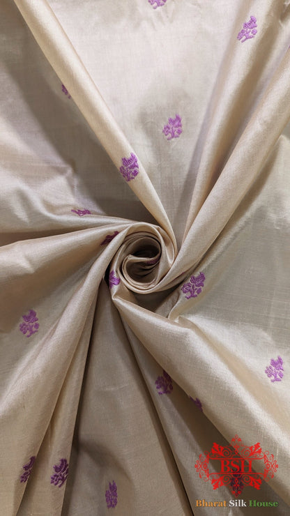 Pure Banrasi Handloom Katan Silk Antique Zari Saree In Shades Of Beige With Lavender Border - Bharat Silk House