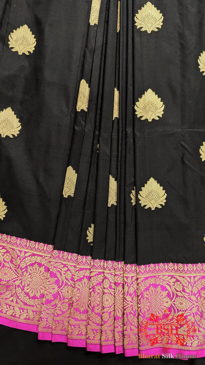 Pure Banrasi Handloom Katan Silk Antique Zari Saree In Shades Of Black - Bharat Silk House