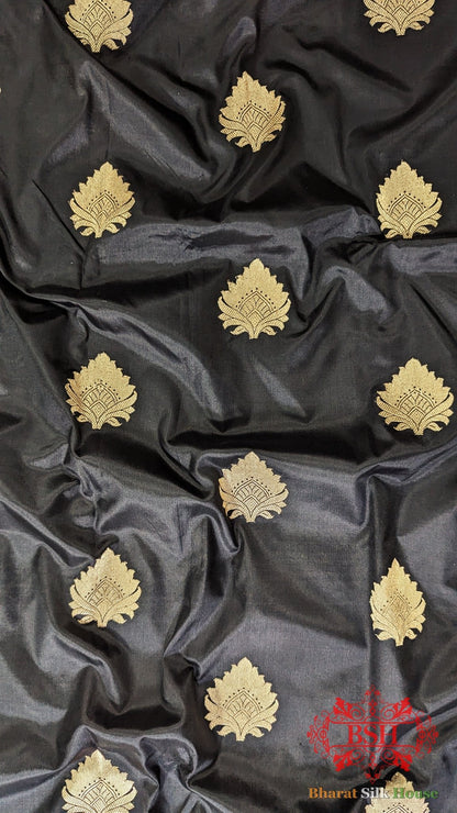 Pure Banrasi Handloom Katan Silk Antique Zari Saree In Shades Of Black - Bharat Silk House