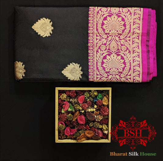 Pure Banrasi Handloom Katan Silk Antique Zari Saree In Shades Of Black - Bharat Silk House