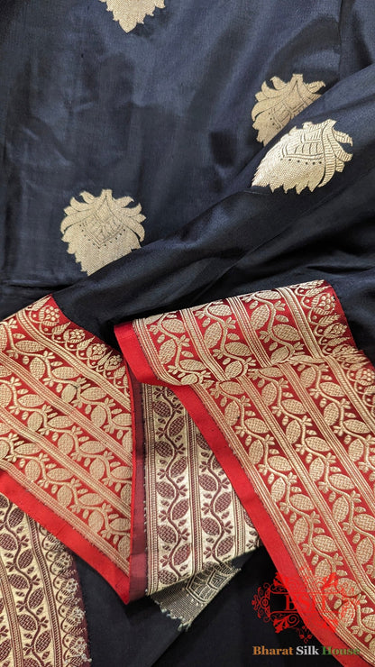 Pure Banrasi Handloom Katan Silk Antique Zari Saree In Shades Of Black - Bharat Silk House