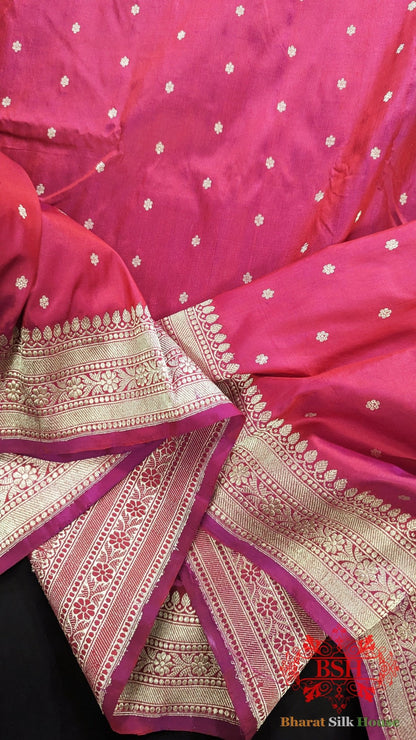 Pure Banrasi Handloom Katan Silk Antique Zari Saree In Shades Of Pink - Bharat Silk House