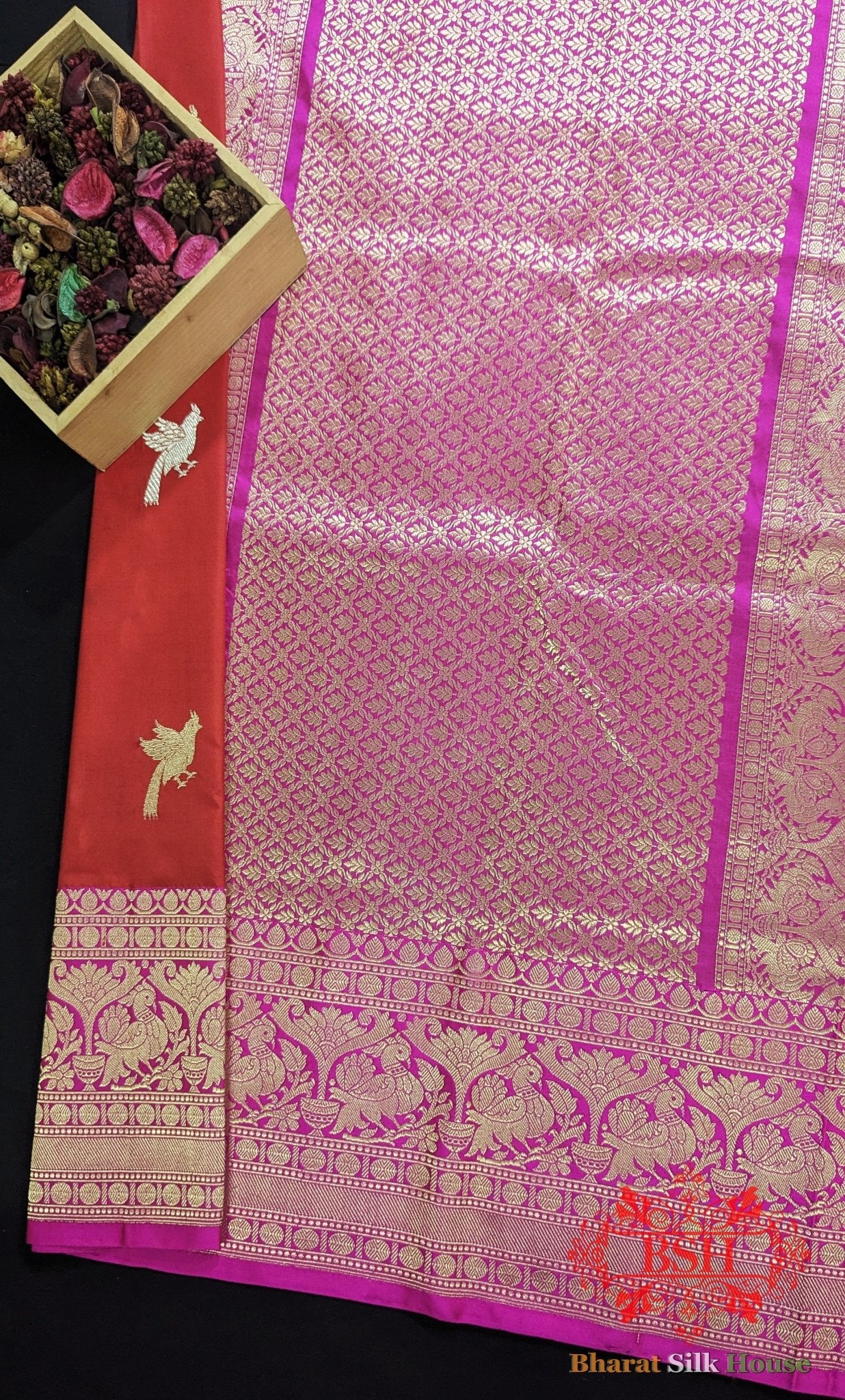 Pure Banrasi Handloom Katan Silk Antique Zari Saree In Shades Of Red - Bharat Silk House