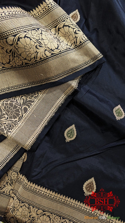 Pure Banrasi Handloom Katan Silk Meenakari Antique Zari Saree In Shades Of Black - Bharat Silk House