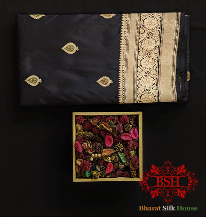 Pure Banrasi Handloom Katan Silk Meenakari Antique Zari Saree In Shades Of Black - Bharat Silk House