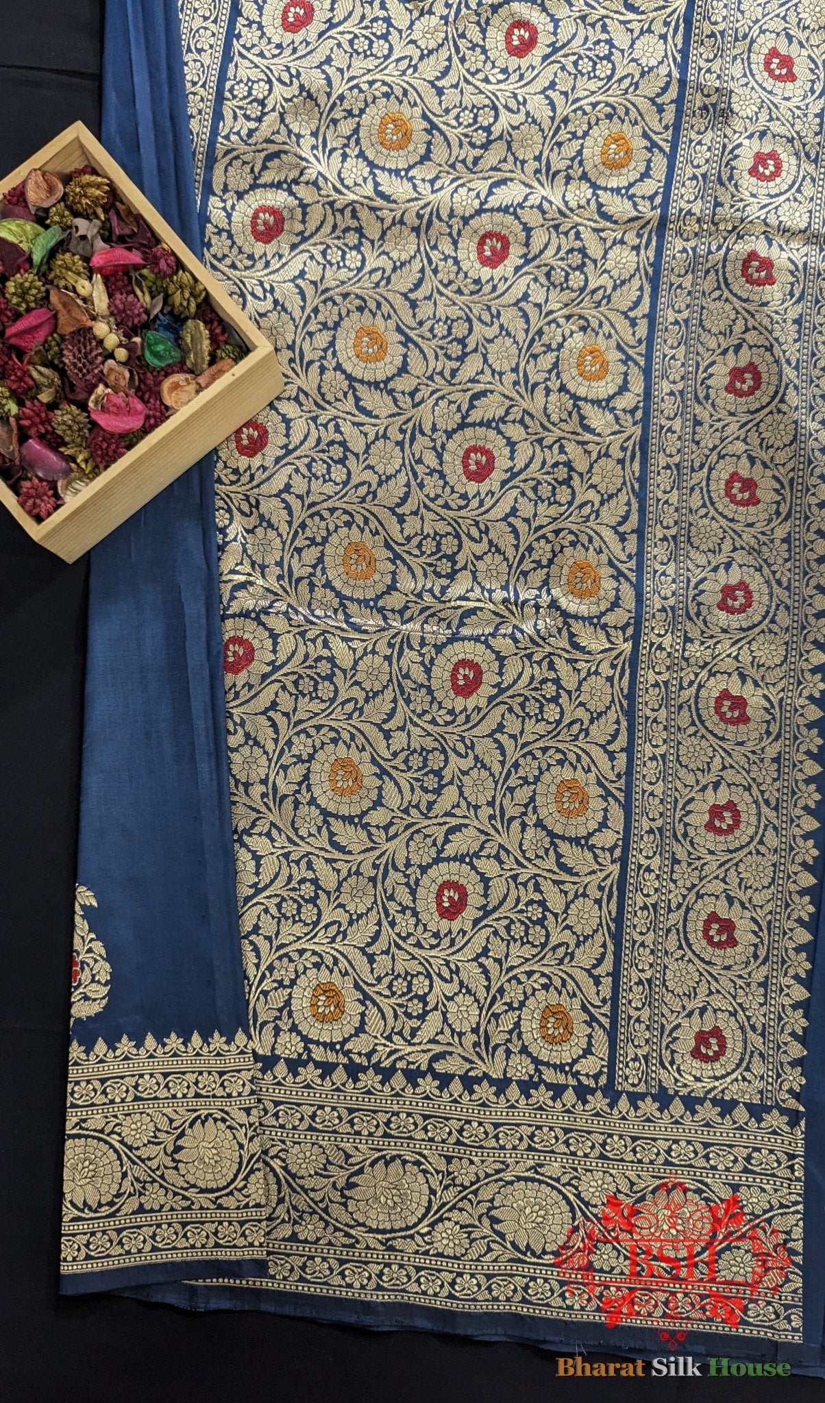 Pure Banrasi Handloom Katan Silk Meenakari Antique Zari Saree In Shades Of Blue - Bharat Silk House