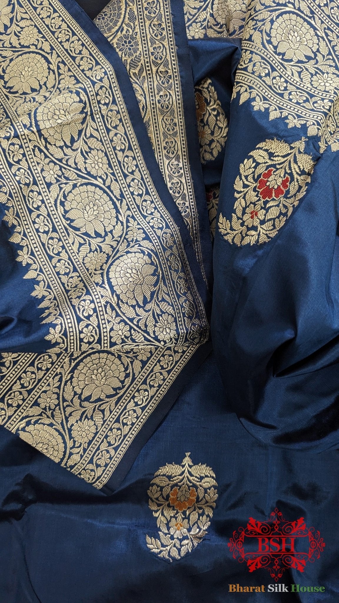 Pure Banrasi Handloom Katan Silk Meenakari Antique Zari Saree In Shades Of Blue - Bharat Silk House