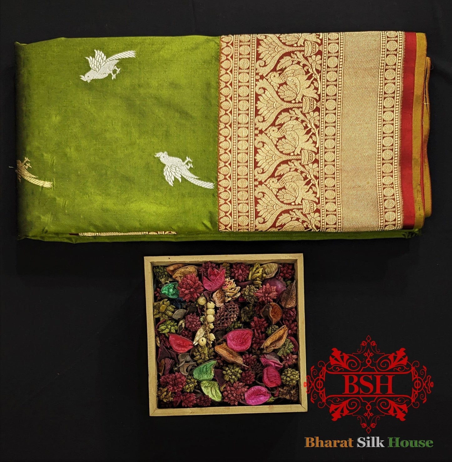 Pure Banrasi Handloom Katan Silk Meenakari Antique Zari Saree In Shades Of Green - Bharat Silk House