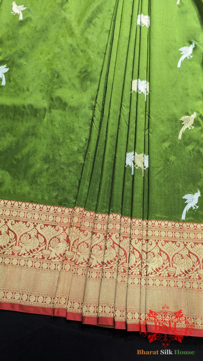 Pure Banrasi Handloom Katan Silk Meenakari Antique Zari Saree In Shades Of Green - Bharat Silk House