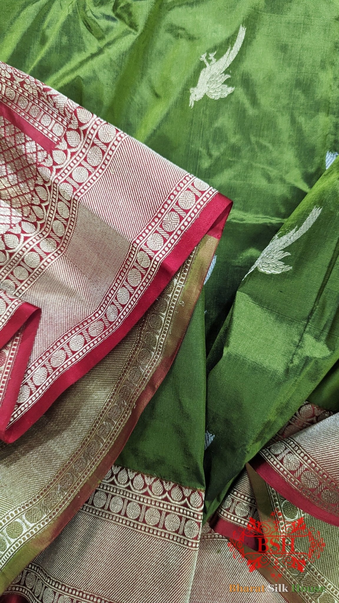 Pure Banrasi Handloom Katan Silk Meenakari Antique Zari Saree In Shades Of Green - Bharat Silk House