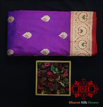 Pure Banrasi Handloom Katan Silk Meenakari Antique Zari Saree In Shades Of Violet - Bharat Silk House