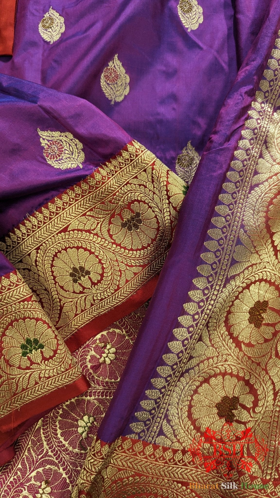 Pure Banrasi Handloom Katan Silk Meenakari Antique Zari Saree In Shades Of Violet - Bharat Silk House