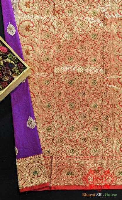 Pure Banrasi Handloom Katan Silk Meenakari Antique Zari Saree In Shades Of Violet - Bharat Silk House