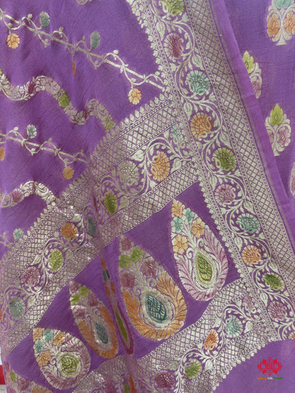 Pure Chiffon Rangkaat Brush Dyed Silk Suit Piece In Shade Of Deep Lavender - Bharat Silk House Chiffon Suit