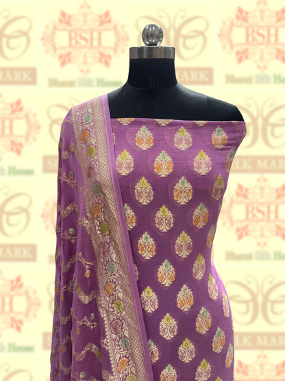 Pure Chiffon Rangkaat Brush Dyed Silk Suit Piece In Shade Of Deep Lavender - Bharat Silk House Chiffon Suit