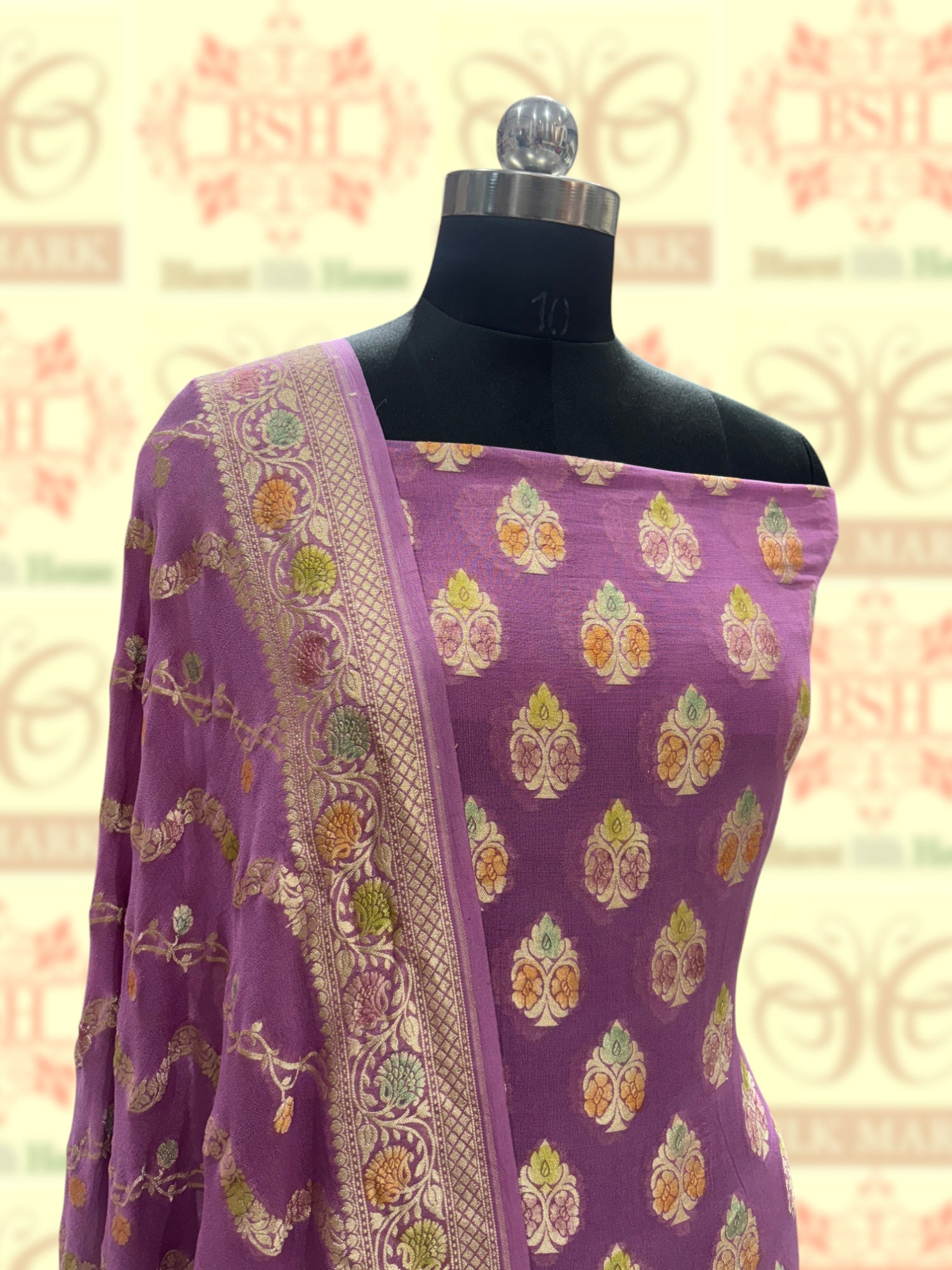 Pure Chiffon Rangkaat Brush Dyed Silk Suit Piece In Shade Of Deep Lavender - Bharat Silk House Chiffon Suit