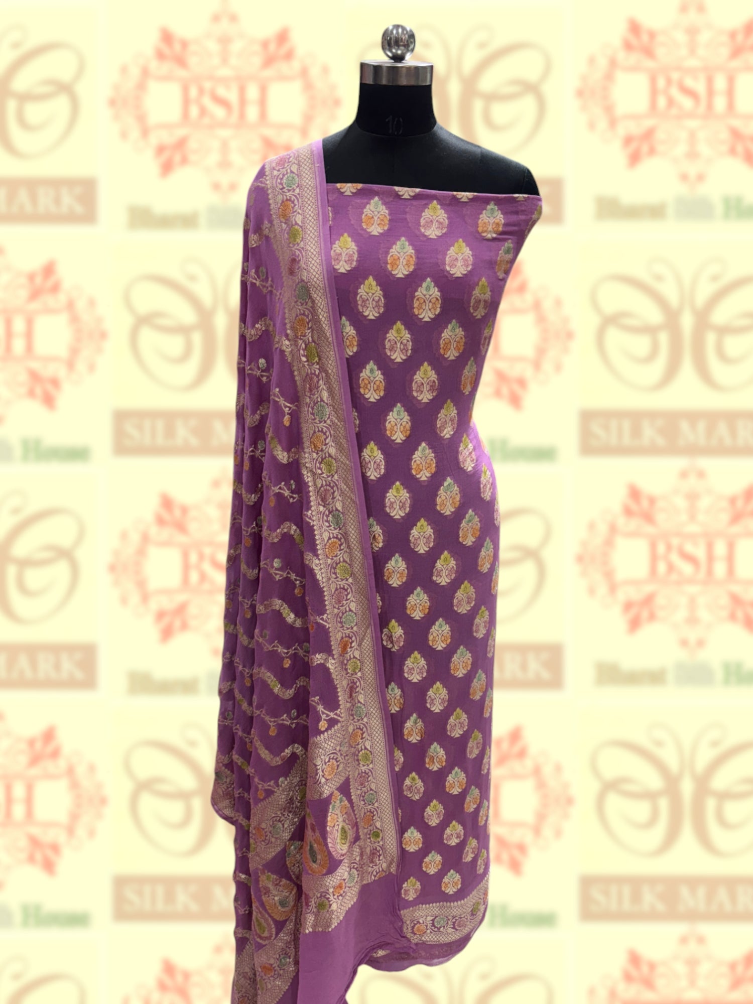 Pure Chiffon Rangkaat Brush Dyed Silk Suit Piece In Shade Of Deep Lavender - Bharat Silk House Chiffon Suit