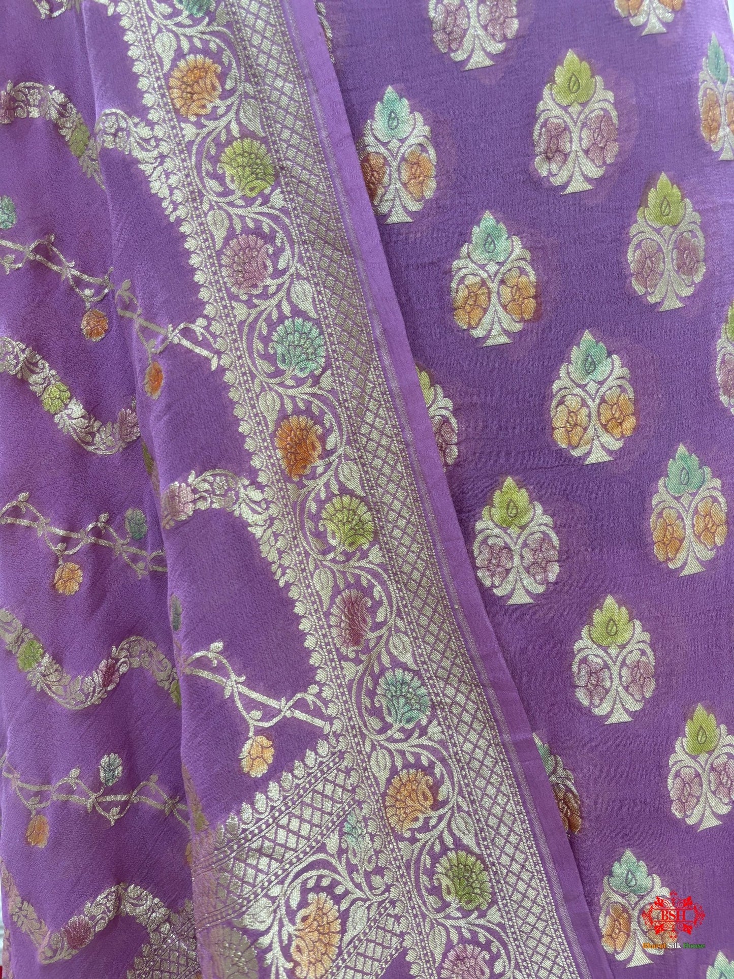 Pure Chiffon Rangkaat Brush Dyed Silk Suit Piece In Shade Of Deep Lavender - Bharat Silk House Chiffon Suit