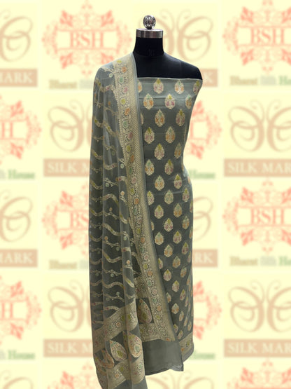 Pure Chiffon Rangkaat Brush Dyed Silk Suit Piece In Shade Of Grey - Bharat Silk House Chiffon Suit