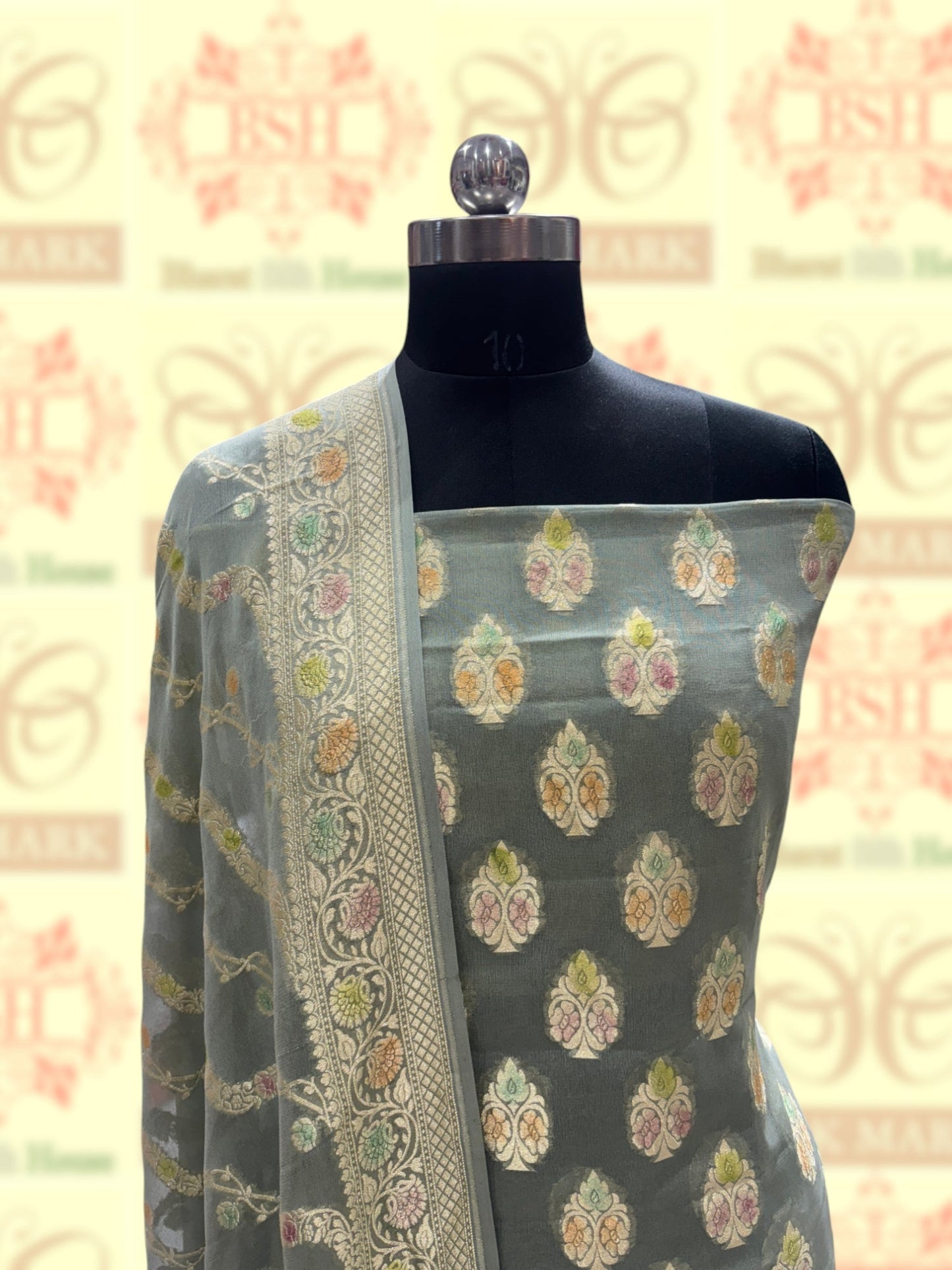 Pure Chiffon Rangkaat Brush Dyed Silk Suit Piece In Shade Of Grey - Bharat Silk House Chiffon Suit