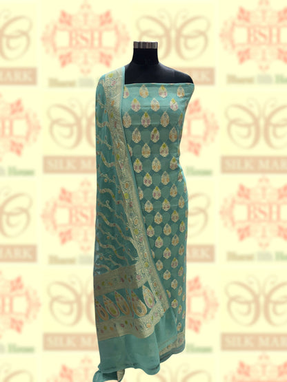 Pure Chiffon Rangkaat Brush Dyed Silk Suit Piece In Shade Of Sea Green - Bharat Silk House Chiffon Suit