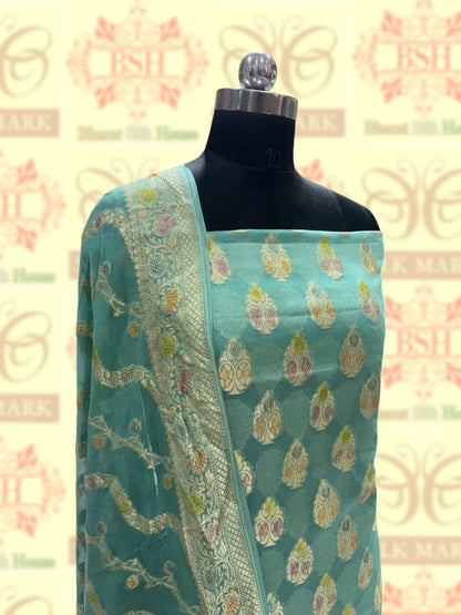 Pure Chiffon Rangkaat Brush Dyed Silk Suit Piece In Shade Of Sea Green - Bharat Silk House Chiffon Suit